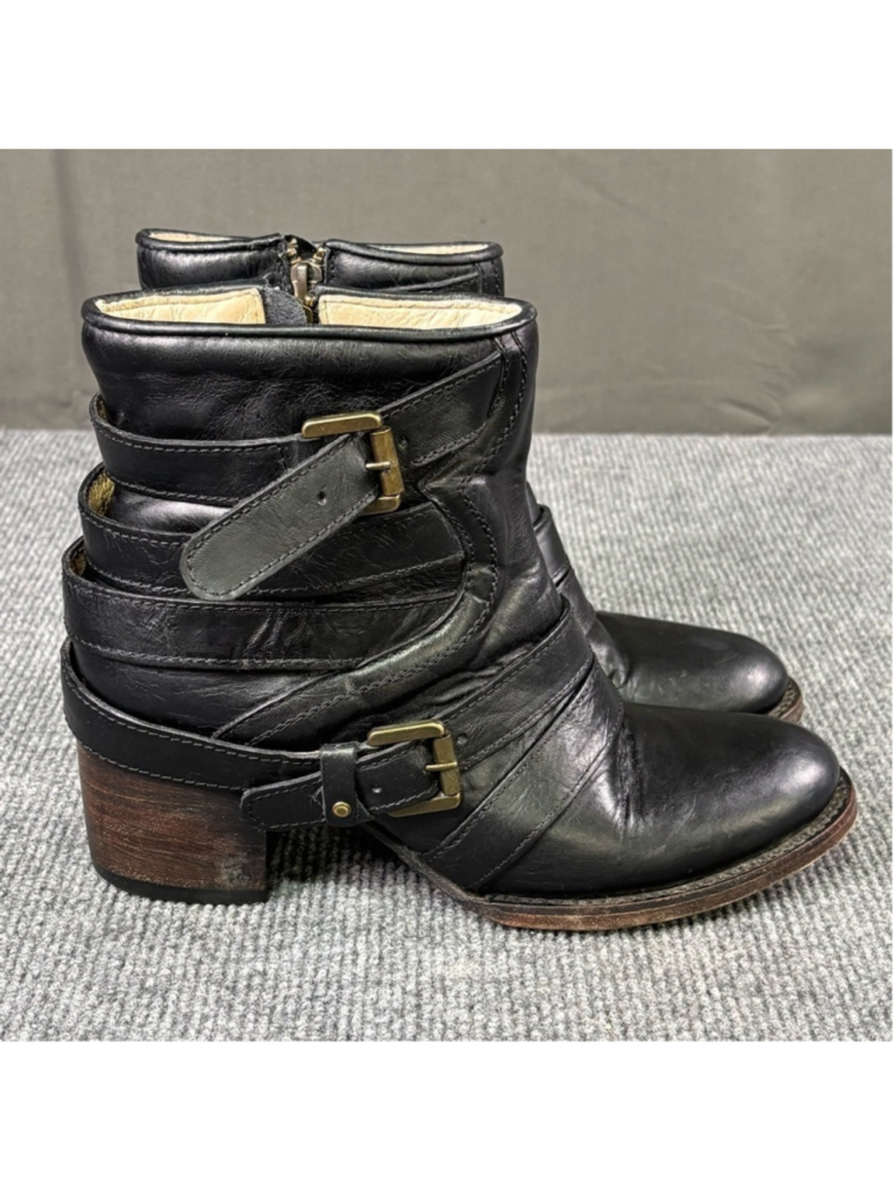 Freebird by Steven Estes Moto Harness Boots Women 7 Leather Buckle Ankle Black